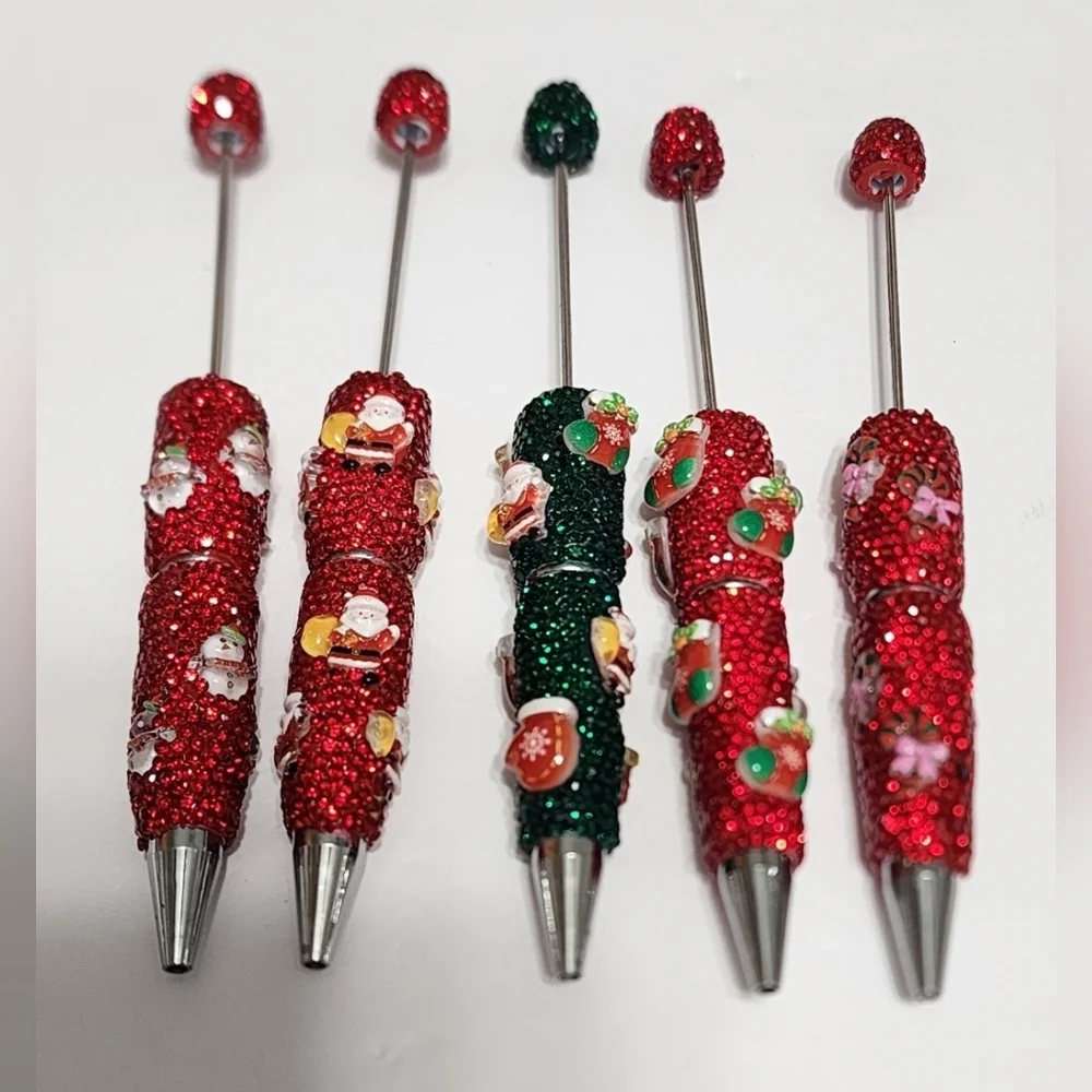 Christmas Rhinestone Beadable Pen Bundle Xmas Beaded Pen Crafts DIY Bead 5 pc